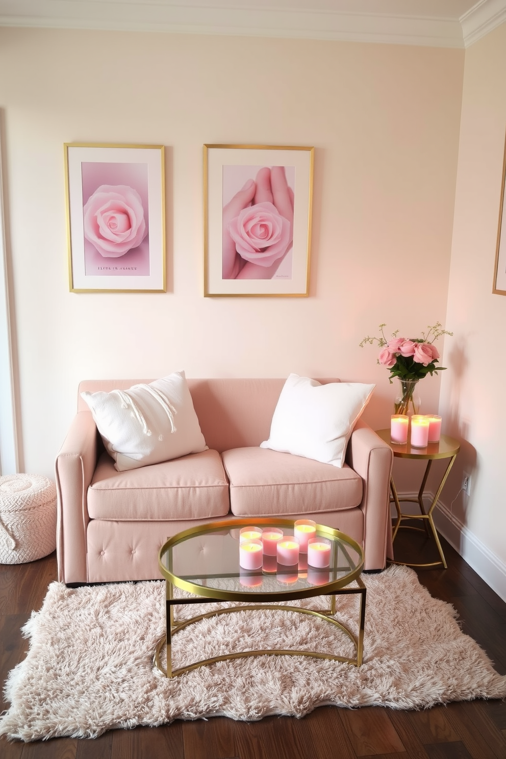 A cozy living room adorned with wall decals featuring romantic love quotes. The decals are strategically placed above a plush sofa, creating an inviting atmosphere for Valentine's Day celebrations. In one corner, a small table is set with heart-shaped decorations and candles. The overall color palette includes soft pinks and whites, enhancing the charm of the small space.