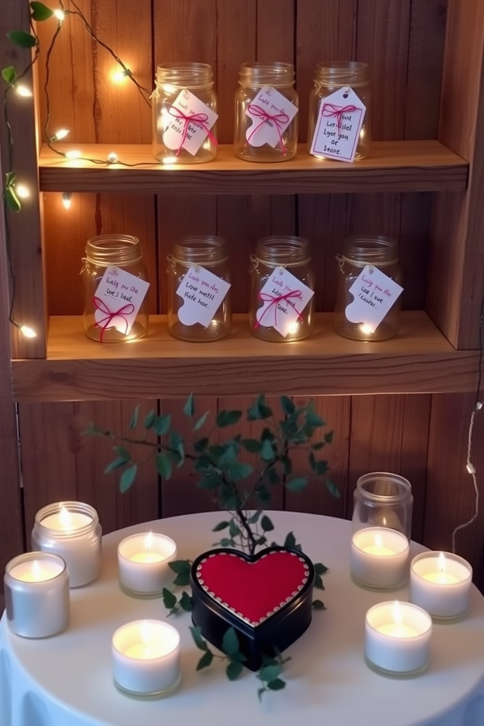 Miniature love notes are beautifully arranged in delicate glass jars, each jar adorned with a ribbon. The jars are placed on a rustic wooden shelf, creating a charming display that captures the essence of love. For a cozy Valentine's Day atmosphere, soft fairy lights are intertwined with fresh greenery, enhancing the romantic vibe. A small table is set with a heart-shaped centerpiece, surrounded by candles that flicker gently, adding warmth to the space.