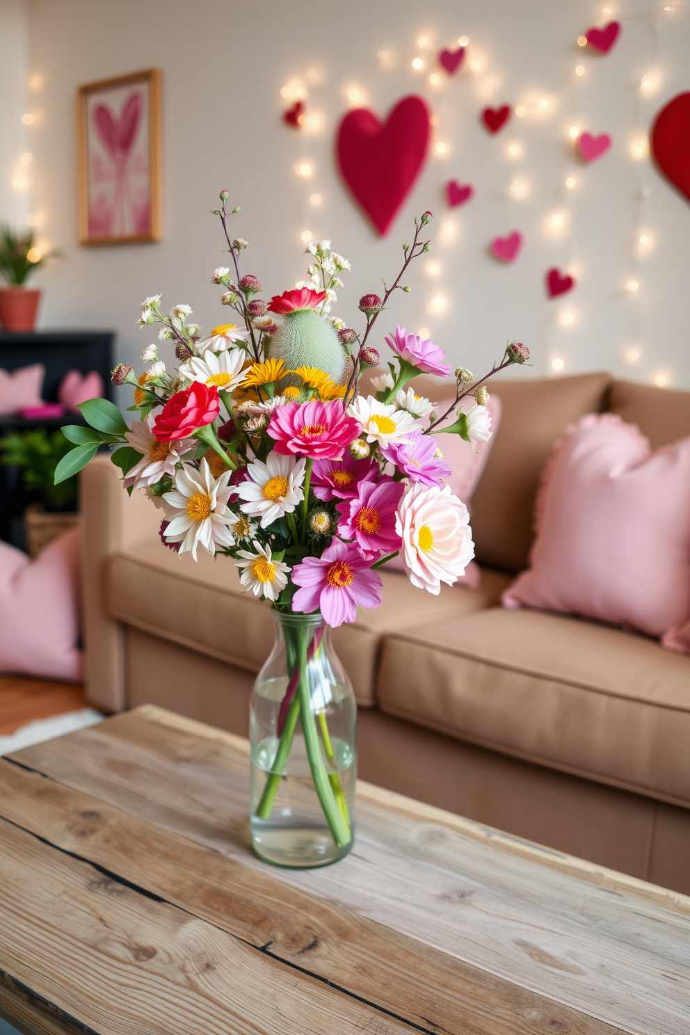 Floral arrangements featuring seasonal blooms in a charming living room. A delicate vase filled with vibrant flowers sits on a rustic wooden coffee table, adding a pop of color to the cozy space. Creative small space decorating ideas for Valentine's Day. Soft pink and red accents are incorporated throughout, with heart-shaped cushions on the sofa and twinkling fairy lights draped across the walls.