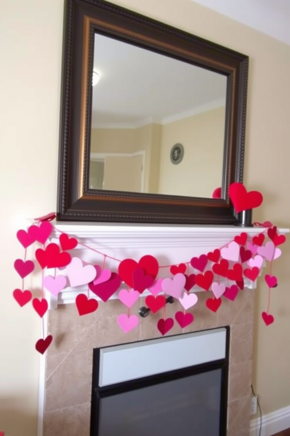 A decorative heart garland drapes elegantly across the mantel, adding a romantic touch to the room. The garland features a mix of red and pink hearts in various sizes, creating a playful yet sophisticated atmosphere. In this small space, the mantel serves as a focal point for Valentine's Day decor. Soft lighting highlights the garland, enhancing the cozy and inviting ambiance of the setting.