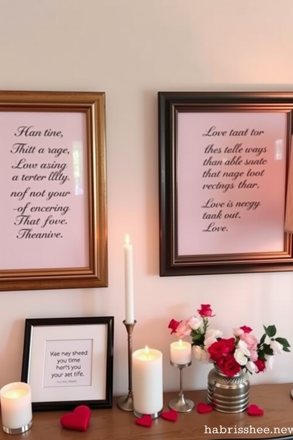 Charming love quotes framed on walls create a warm and inviting atmosphere. The quotes are displayed in elegant frames that complement the decor, adding a personal touch to the space. Small Space Valentines Day Decorating Ideas focus on maximizing impact with minimal clutter. Thoughtful arrangements of candles, flowers, and heart-themed accents transform the area into a romantic retreat.