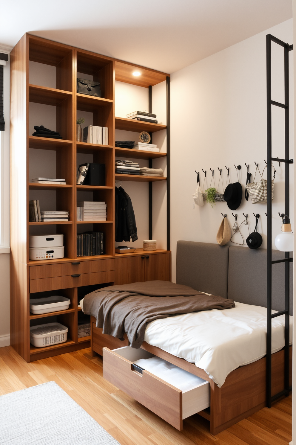 A cozy small studio apartment features clever vertical storage solutions with sleek shelves mounted on the walls. The shelves are filled with books, decorative items, and plants, creating a vibrant and personalized atmosphere. The living area is designed with a multifunctional sofa that doubles as a bed, maximizing space efficiency. A compact dining table is placed near the window, surrounded by stylish chairs that complement the overall aesthetic.