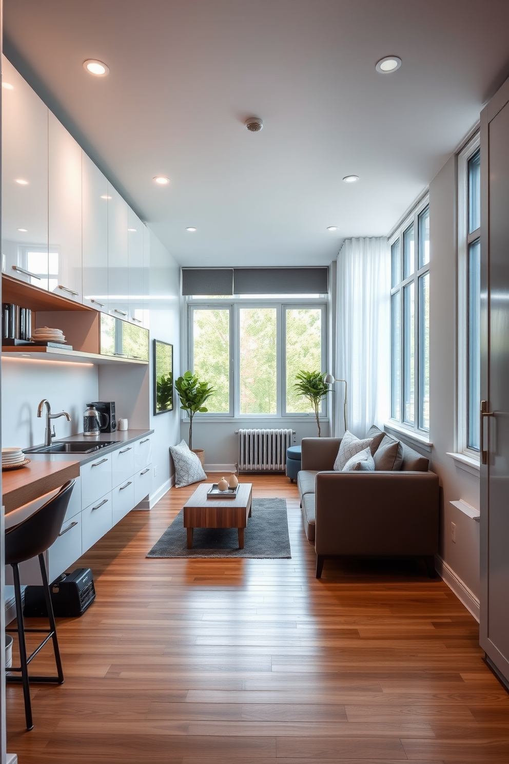 A stylish small studio apartment features floating cabinets mounted on the walls for efficient storage solutions. The cabinets are finished in a sleek white color, providing a modern contrast to the warm wooden flooring. The open layout includes a cozy living area with a compact sofa and a multifunctional coffee table. Natural light floods the space through large windows, enhancing the airy feel of the apartment.