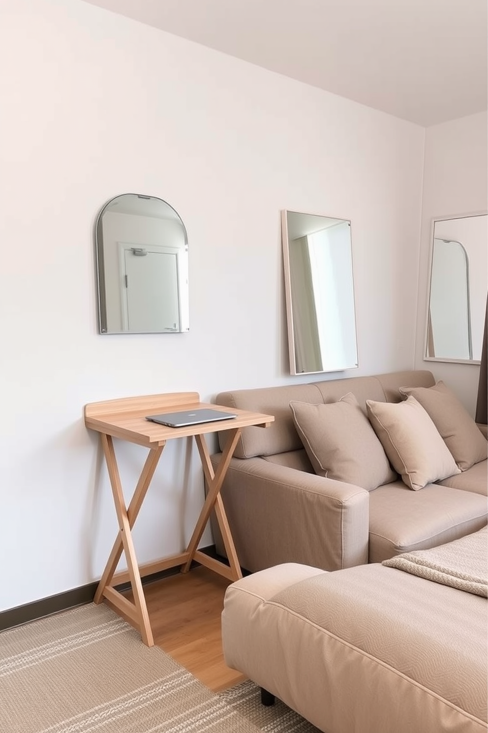 A compact studio apartment featuring a cozy living area with a minimalist sofa and a small coffee table. The walls are painted in a light gray tone, and a large window allows natural light to fill the space. In the corner, a wall-mounted desk is paired with a stylish chair, creating an efficient workspace. Wall-mounted lighting fixtures provide illumination while saving valuable floor space.