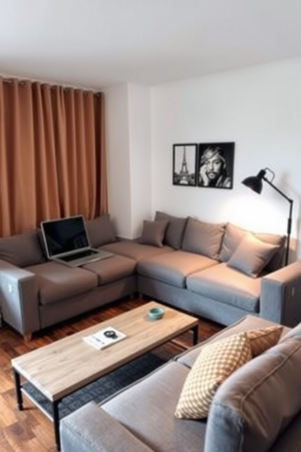 A cozy small studio apartment featuring a compact sectional sofa in a soft gray fabric for ultimate comfort. The layout includes a multifunctional coffee table that doubles as a workspace, with warm lighting from a stylish floor lamp in the corner.