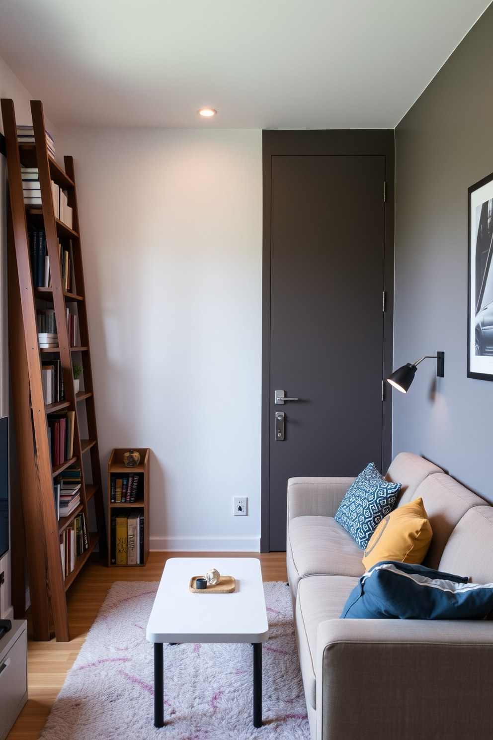 A small studio apartment featuring a stylish ladder bookshelf against one wall. The space is designed with a cozy seating area that includes a plush sofa and a coffee table, complemented by warm lighting fixtures.