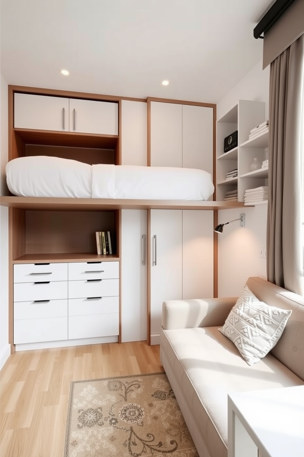 A small studio apartment featuring a multifunctional Murphy bed that seamlessly folds down from the wall. The space is designed with a cozy seating area that includes a compact sofa and a small coffee table, enhancing the room's functionality while keeping it stylish. The walls are painted in a light, airy color to create an illusion of more space. Incorporate smart storage solutions such as shelves and cabinets that blend with the overall decor, ensuring a clutter-free environment.