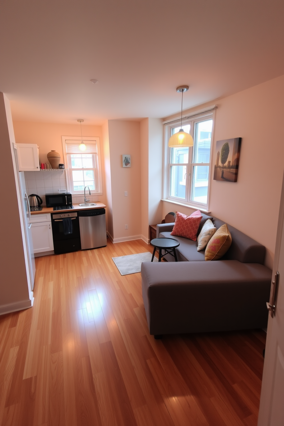 A cozy small studio apartment featuring an open layout with a compact kitchen and a living area. The walls are painted in soft beige and the flooring is a warm hardwood, creating an inviting atmosphere. A comfortable sofa bed is positioned against one wall, adorned with colorful throw pillows. A small dining table with two chairs sits near the window, illuminated by warm pendant lighting that enhances the space's ambiance.