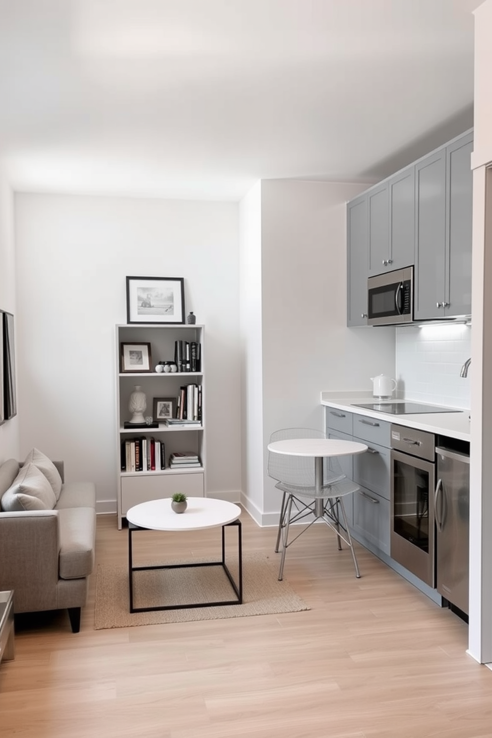 A cozy small studio apartment featuring a monochromatic color scheme in shades of soft gray. The space includes a compact sofa against the wall, paired with a sleek coffee table and a minimalist bookshelf filled with curated decor. The kitchen area showcases gray cabinetry with stainless steel appliances, complemented by a matching backsplash. A small dining table with two chairs is positioned near a window, enhancing the natural light in the room.