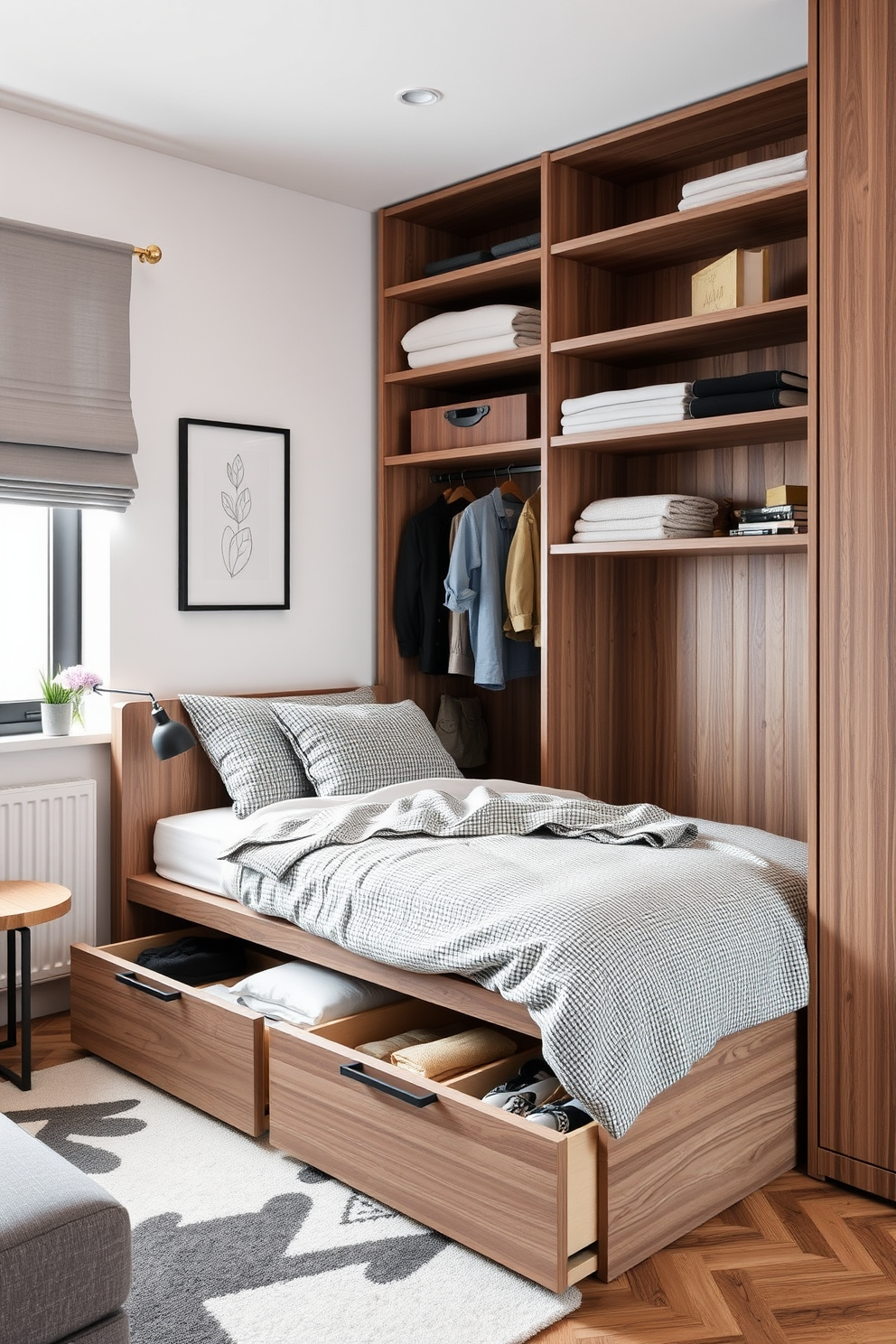 Create a small studio apartment design that maximizes space utilization with under-bed storage solutions. Incorporate a multifunctional bed frame that includes drawers underneath, allowing for easy organization of clothes and personal items.