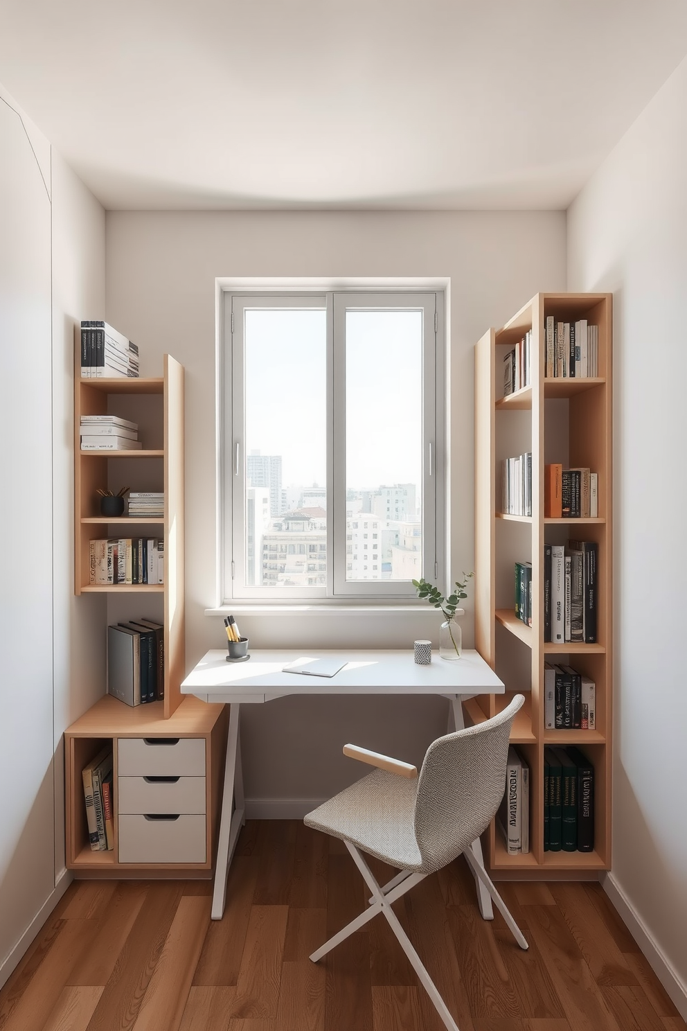 A modern foldable workspace is integrated into the design of a small studio apartment. The workspace features a sleek desk that can be easily collapsed when not in use, maximizing floor space. Natural light floods the area through a large window, highlighting a minimalist aesthetic. The surrounding walls are adorned with functional shelving, providing ample storage for books and office supplies.