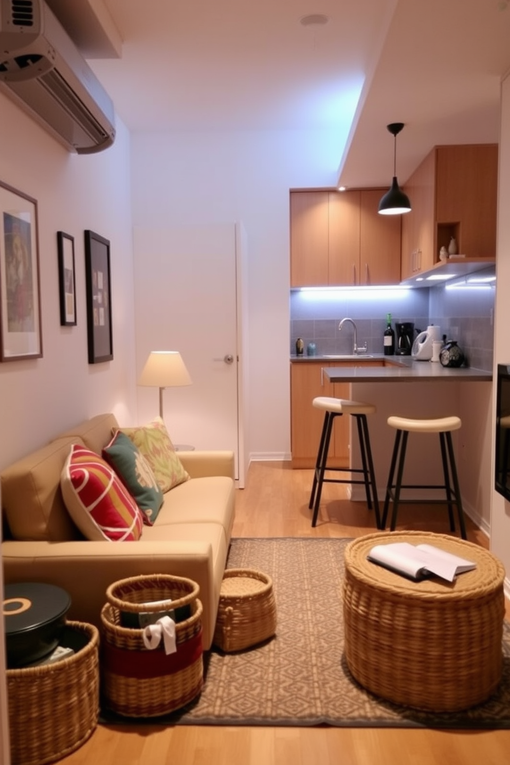 A cozy studio apartment featuring a compact layout that maximizes space and functionality. The living area includes a stylish small bar cart stocked with various drinks, positioned next to a comfortable seating area with a chic sofa and a coffee table. The kitchen is designed with modern appliances and a breakfast nook that utilizes a small dining table with two stools. Soft lighting enhances the warm color palette of the walls, creating an inviting atmosphere throughout the apartment.