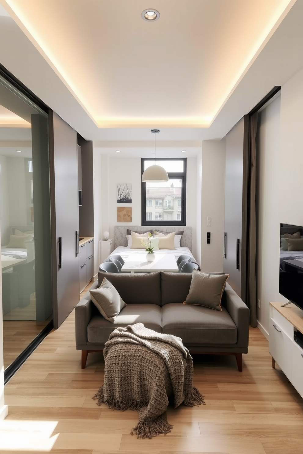 A small studio apartment with a modern aesthetic featuring sliding doors that separate the living area from the sleeping space. The layout includes a compact kitchen with sleek cabinetry and a cozy dining nook that maximizes space and functionality. Natural light floods the room through large windows, highlighting the neutral color palette of soft grays and whites. A comfortable sofa bed is elegantly positioned to allow for easy transformation of the space, complemented by stylish decor and smart storage solutions.