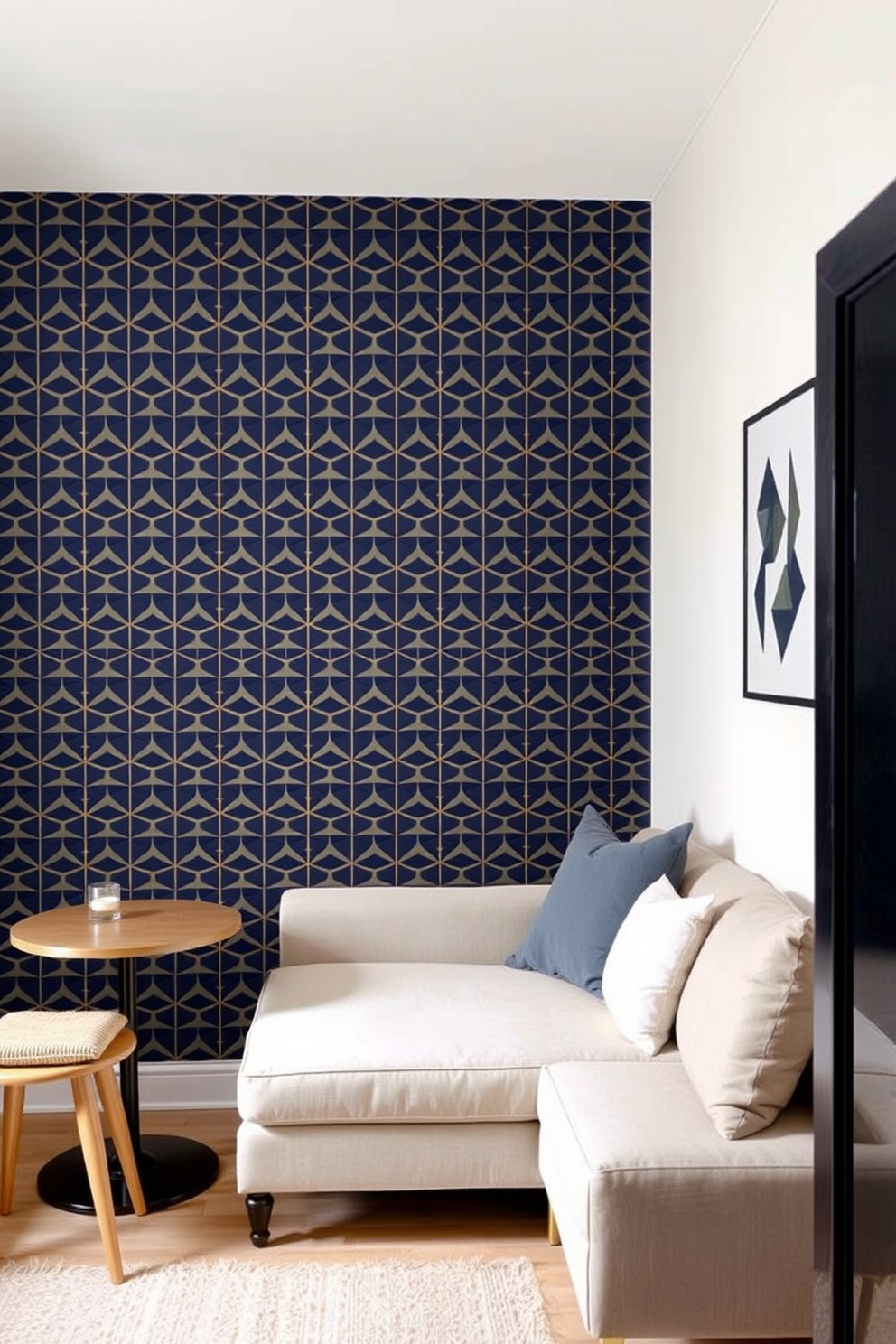 Design an accent wall with wallpaper featuring a bold geometric pattern in shades of navy and gold. The wall serves as a striking focal point, complementing the minimalist furniture arrangement in the small studio apartment. Incorporate multifunctional furniture pieces that maximize space, such as a sleek sofa bed and a compact dining table that doubles as a workspace. Use soft, neutral tones for the remaining walls to create a sense of openness and warmth in the cozy living area.