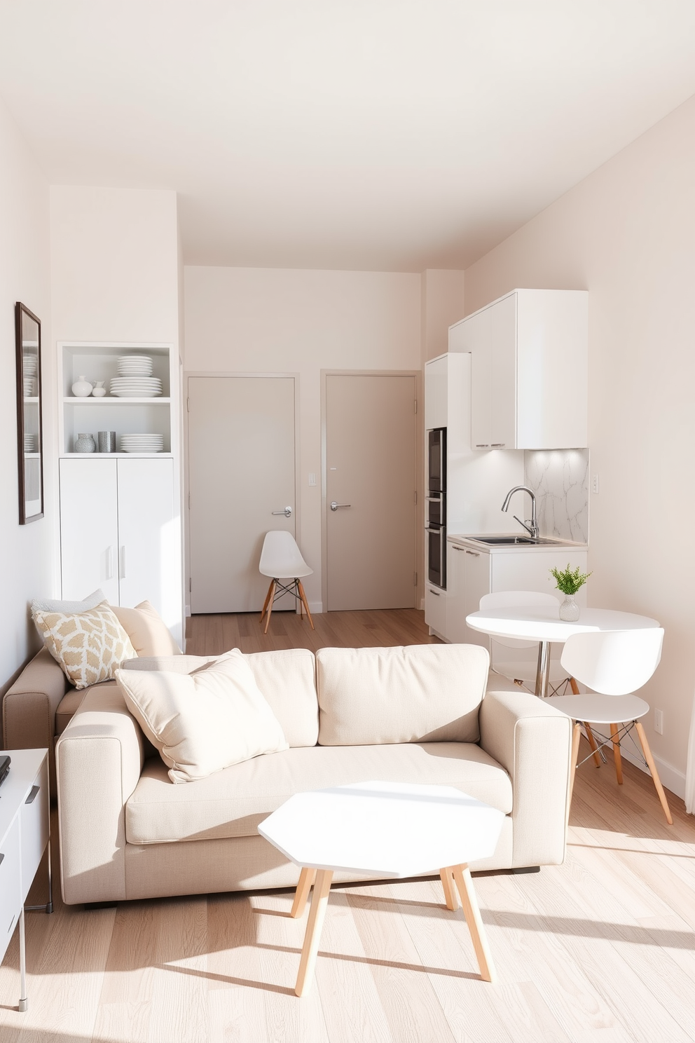 A cozy small studio apartment featuring a fold-down dining table that seamlessly integrates into the space. The table is mounted on the wall and can be easily folded down when needed, creating an inviting dining area that maximizes functionality. The living area includes a comfortable sofa that doubles as a bed, adorned with soft cushions in neutral tones. A compact kitchenette is located adjacent to the dining area, equipped with modern appliances and stylish cabinetry.