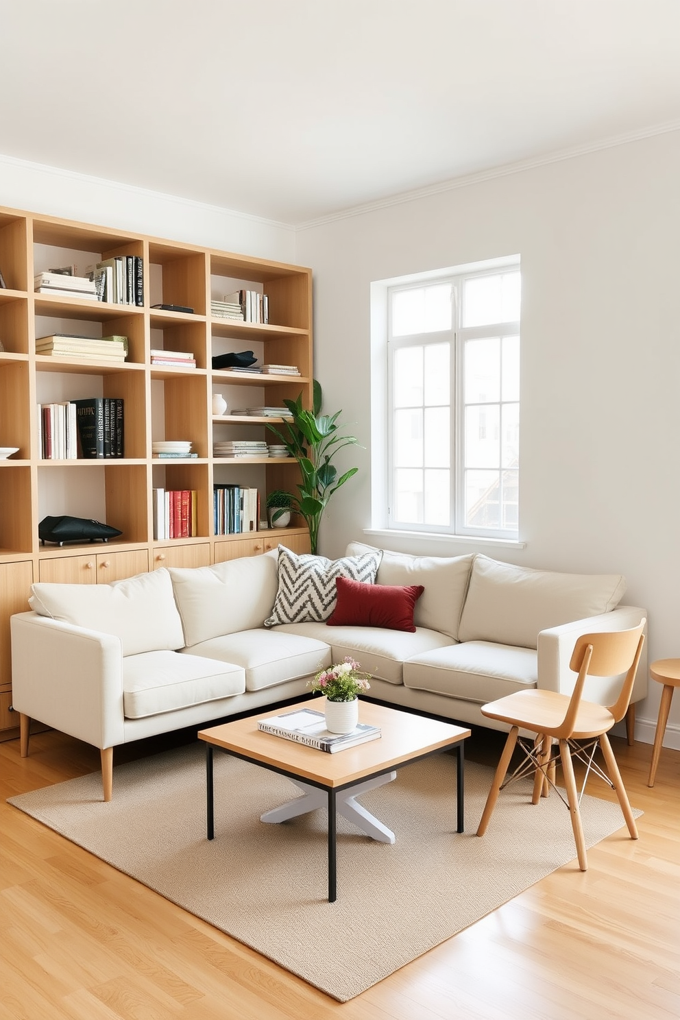 Choose lightweight furniture for easy rearranging. A compact sofa with slender legs and a small coffee table create a flexible seating area. Incorporate multifunctional pieces like a foldable dining table and stackable chairs. Use open shelving to maximize vertical space and keep the area feeling airy.