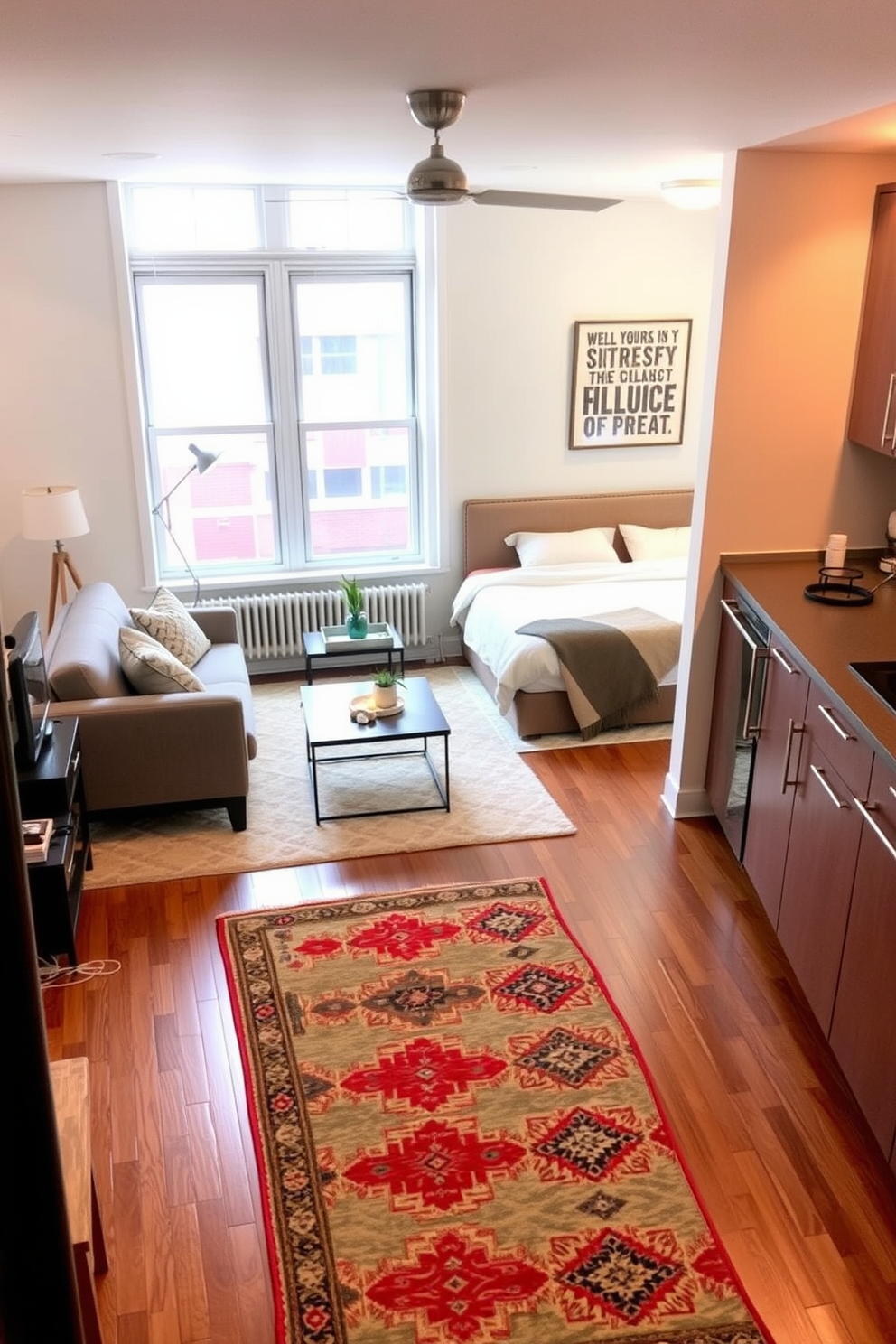 Create a cozy small studio apartment that utilizes area rugs to define different zones within the space. The living area features a plush area rug under a stylish sofa, while a separate rug in the dining nook adds warmth to the table setting.