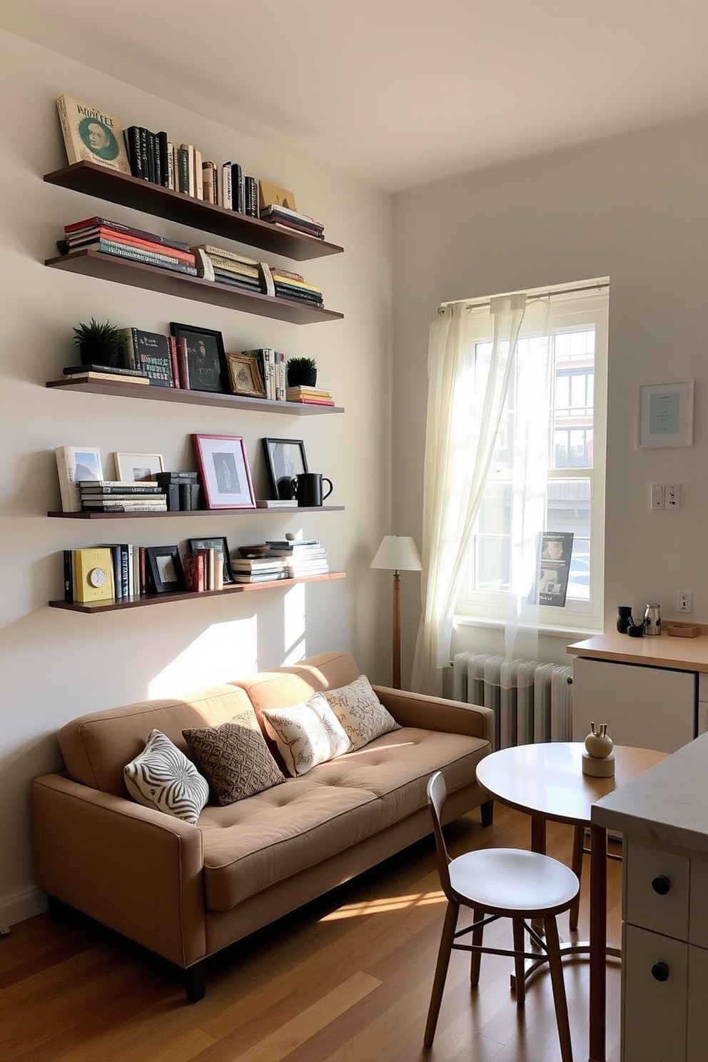 A cozy studio apartment featuring wall-mounted shelves filled with an eclectic mix of books and decorative items. The space is designed with a minimalist aesthetic, utilizing neutral tones and natural light to create an inviting atmosphere. The living area includes a compact sofa that doubles as a bed, positioned near a window with sheer curtains. A small dining table with two chairs is placed adjacent to the kitchen area, maximizing functionality without sacrificing style.