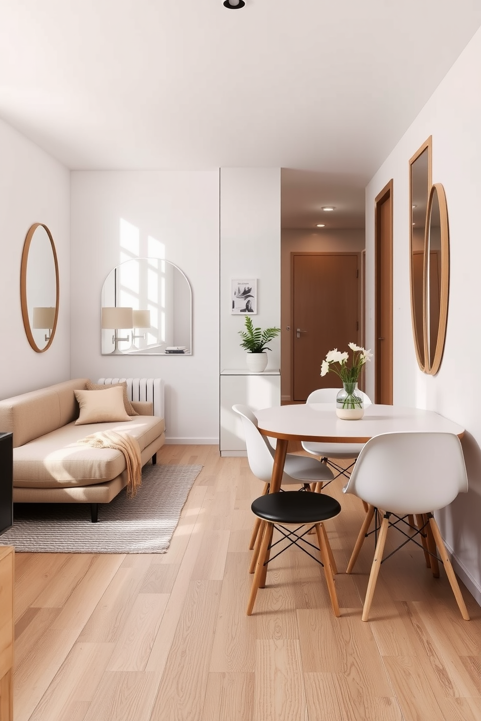 A small studio apartment design featuring an open layout that maximizes space and functionality. The living area includes a cozy sofa that doubles as a bed and a compact dining table that seats four. Incorporate mirrors on the walls to enhance natural light and create an illusion of a larger space. Use light color palettes for the walls and furniture to maintain an airy and inviting atmosphere.