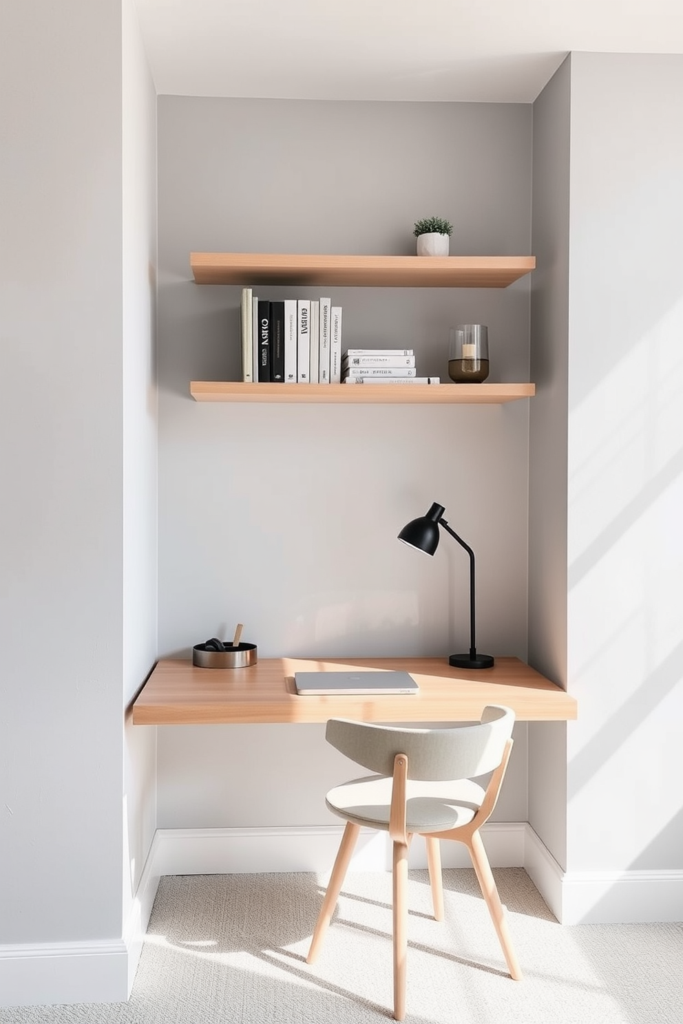 A compact desk is positioned against the wall, featuring a sleek design with clean lines and a warm wood finish. Above the desk, vertical shelves are mounted, showcasing an organized collection of books and decorative items in a minimalist style. The walls are painted in a soft pastel color, creating a calming atmosphere. A comfortable chair with a modern aesthetic complements the desk, while a small potted plant adds a touch of greenery to the space.