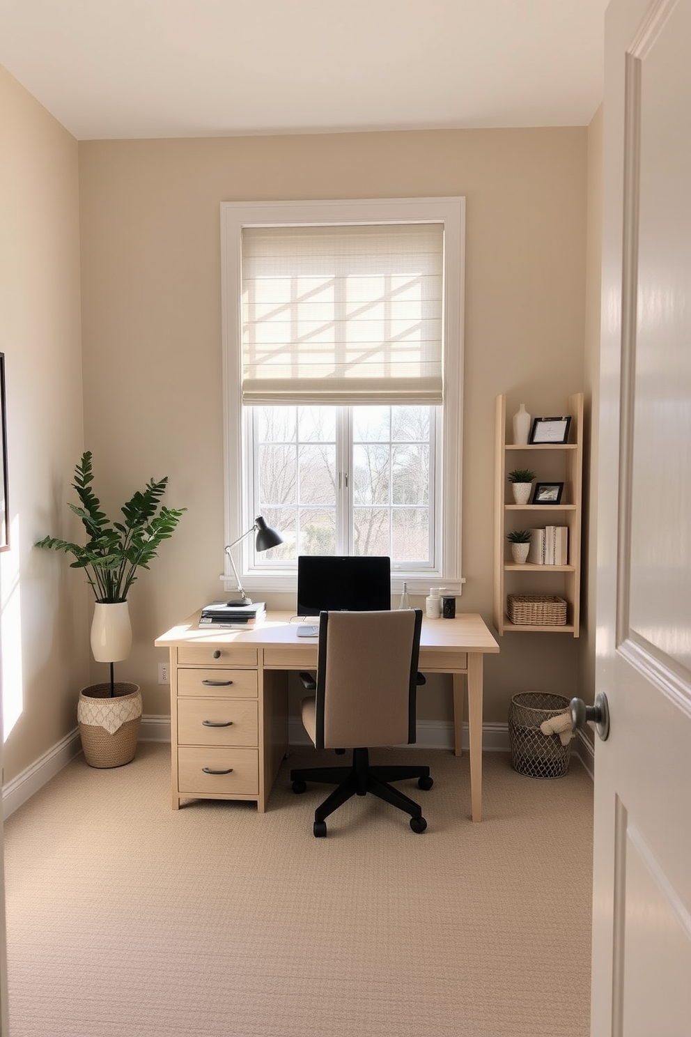 A small study room features a colorful accent wall adorned with geometric patterns that add visual interest. The space is complemented by a sleek desk with a modern chair, creating an inviting atmosphere for productivity.