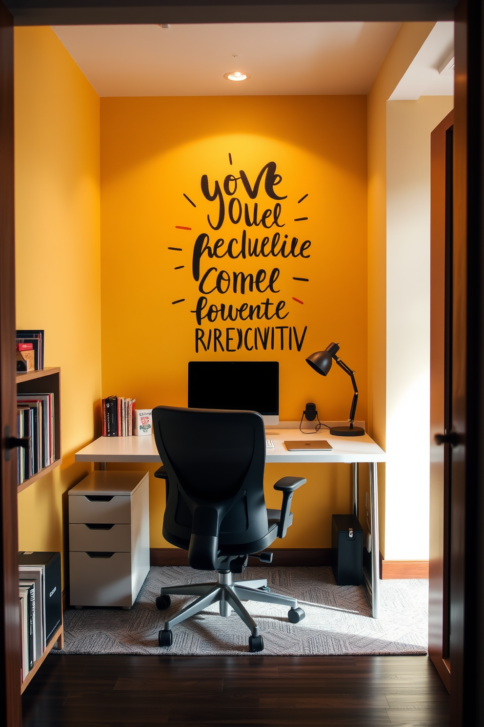 A small study room featuring a sleek, modern desk positioned against a bright, inspiring wall adorned with creative wall art that promotes productivity. The space includes a comfortable ergonomic chair, a bookshelf filled with motivational books, and warm lighting that creates a cozy atmosphere for focused work.