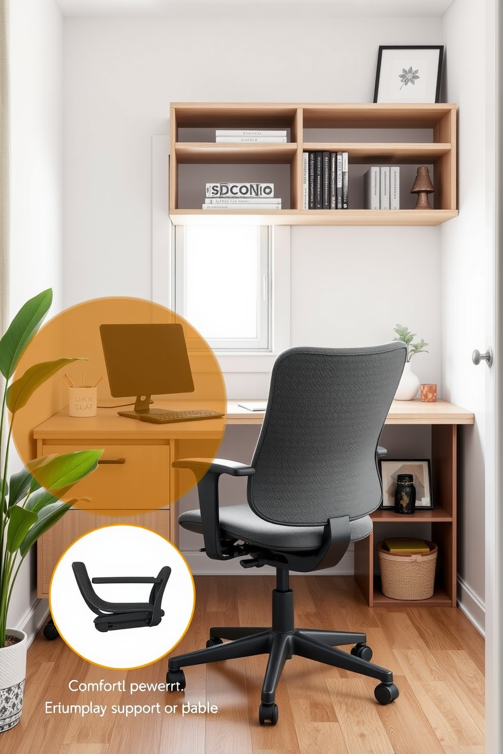 A cozy small study room filled with natural light. A sleek wooden desk is positioned against the wall, accompanied by a comfortable ergonomic chair. Potted plants in various sizes are placed on the windowsill and around the room to create a fresh and inviting atmosphere. The walls are painted in a soft beige color, and a stylish bookshelf filled with books adds character to the space.