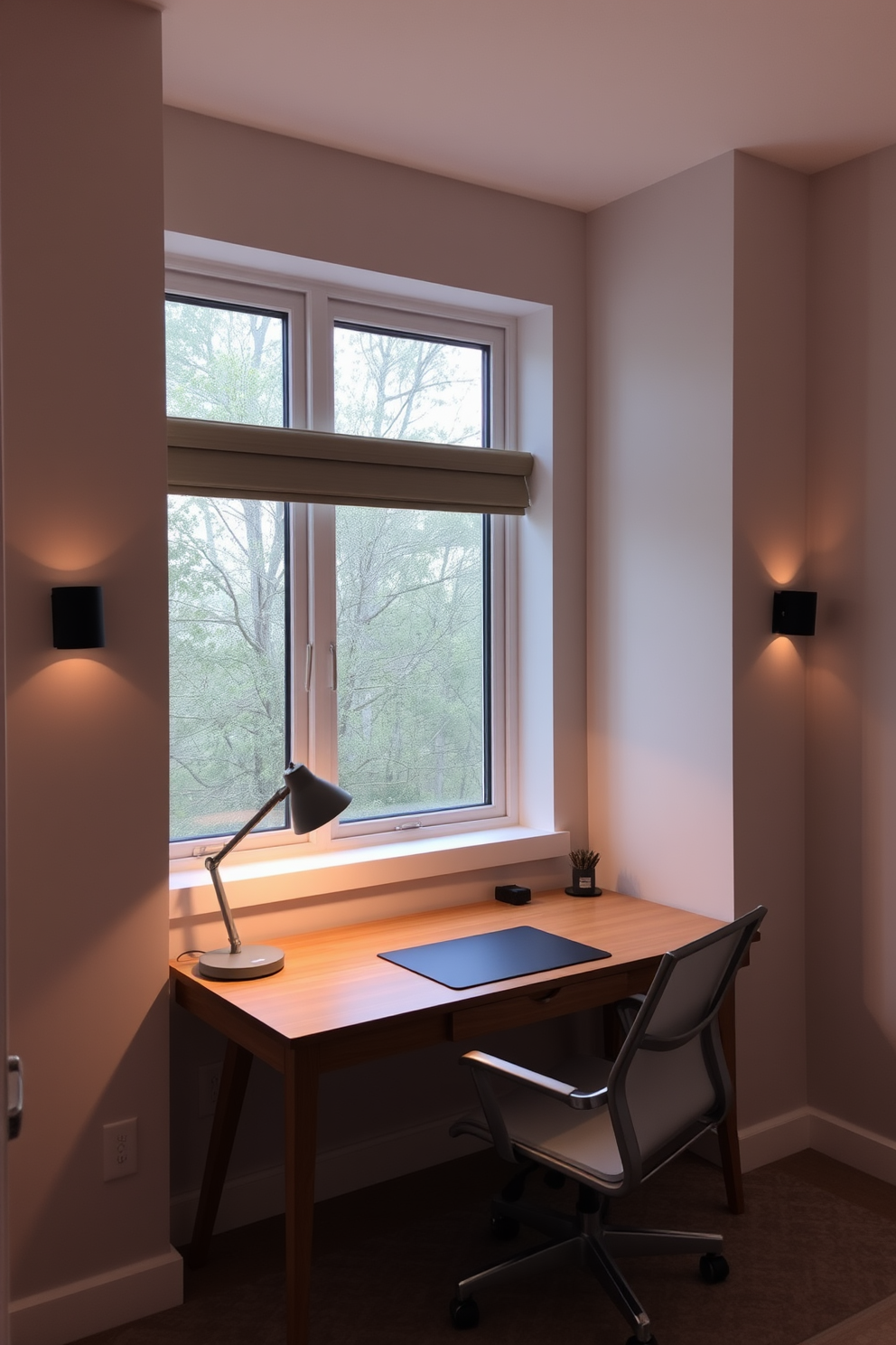 A small study room with layered lighting that creates a warm and inviting atmosphere. The space features a sleek wooden desk with a comfortable ergonomic chair and a stylish desk lamp that provides focused light. Soft wall sconces are mounted on either side of a large window, allowing natural light to filter in during the day. The walls are painted in a calming light gray, complemented by a cozy area rug that adds texture and warmth to the room.