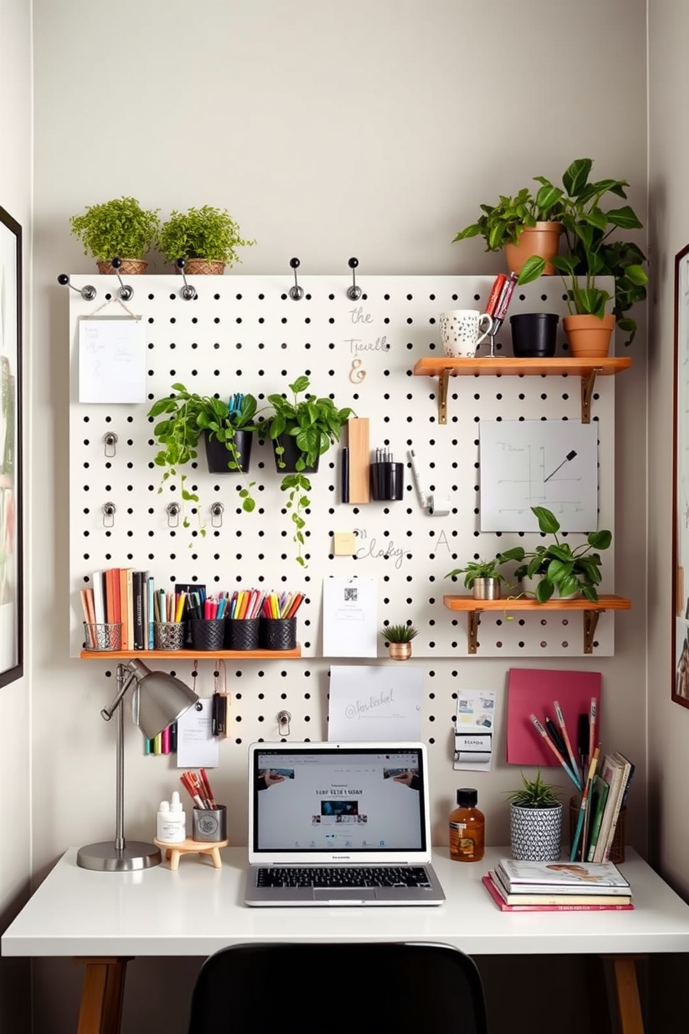 A small study room featuring a pegboard on the wall for organization. The pegboard is adorned with various hooks and shelves holding stationery, plants, and decorative items.