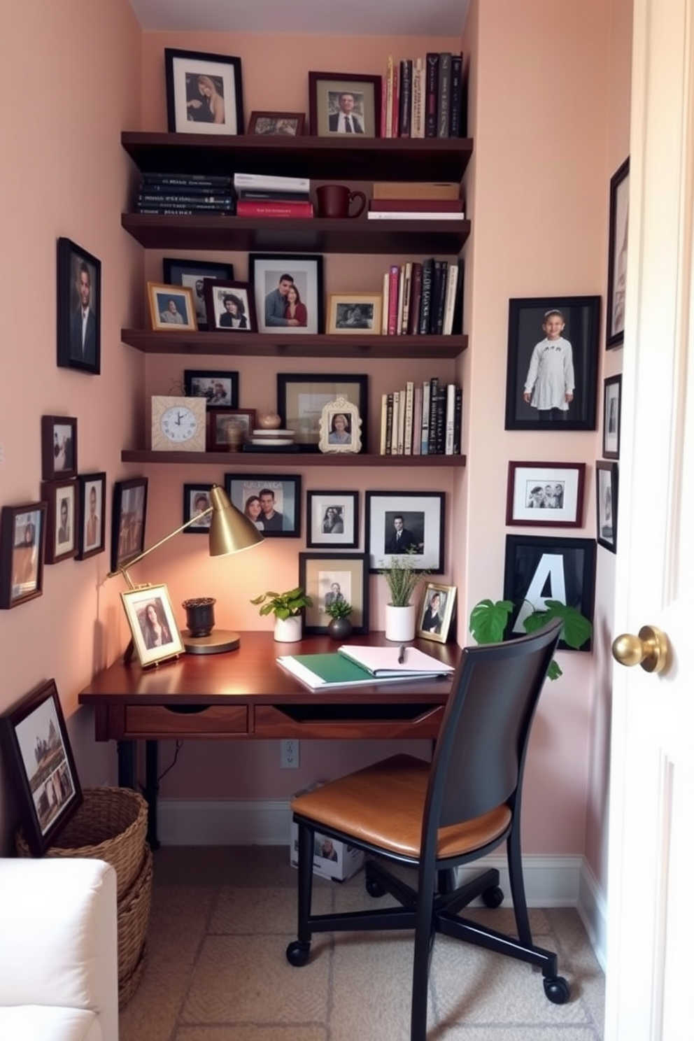 A cozy small study room features a sleek foldable desk that maximizes space while providing functionality. The walls are painted in a soft light gray, complemented by a comfortable ergonomic chair and a small bookshelf filled with books and decorative items.