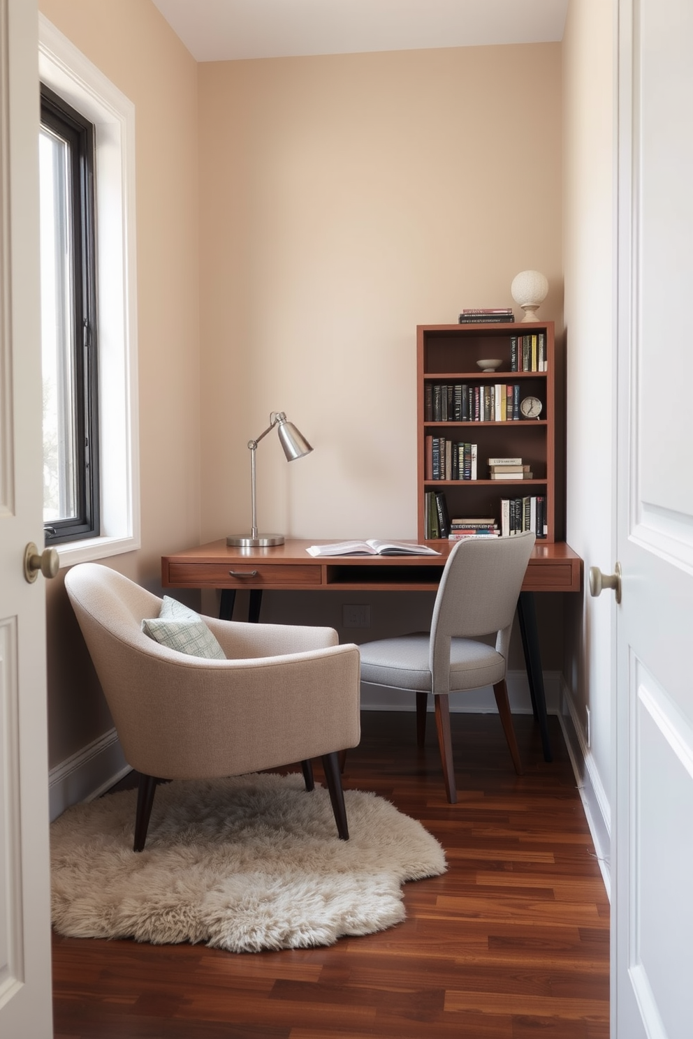 A cozy small study room featuring a comfortable reading chair positioned in the corner. The walls are painted in a soft beige color, and a wooden desk with a sleek design faces a window, allowing natural light to fill the space. On the desk, there is a stylish lamp and a few neatly stacked books, while a plush area rug adds warmth to the hardwood floor. A small bookshelf filled with various novels and decorative items is placed against one wall, enhancing the inviting atmosphere.