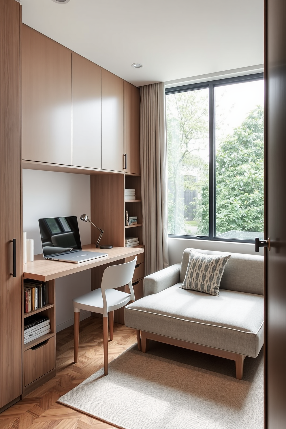 A cozy small study room filled with natural light. The walls are painted in a soft white, and sheer curtains adorn the windows, allowing sunlight to flood the space. A sleek wooden desk is positioned against one wall, accompanied by a comfortable ergonomic chair. A small bookshelf filled with books and decorative items adds personality to the room.