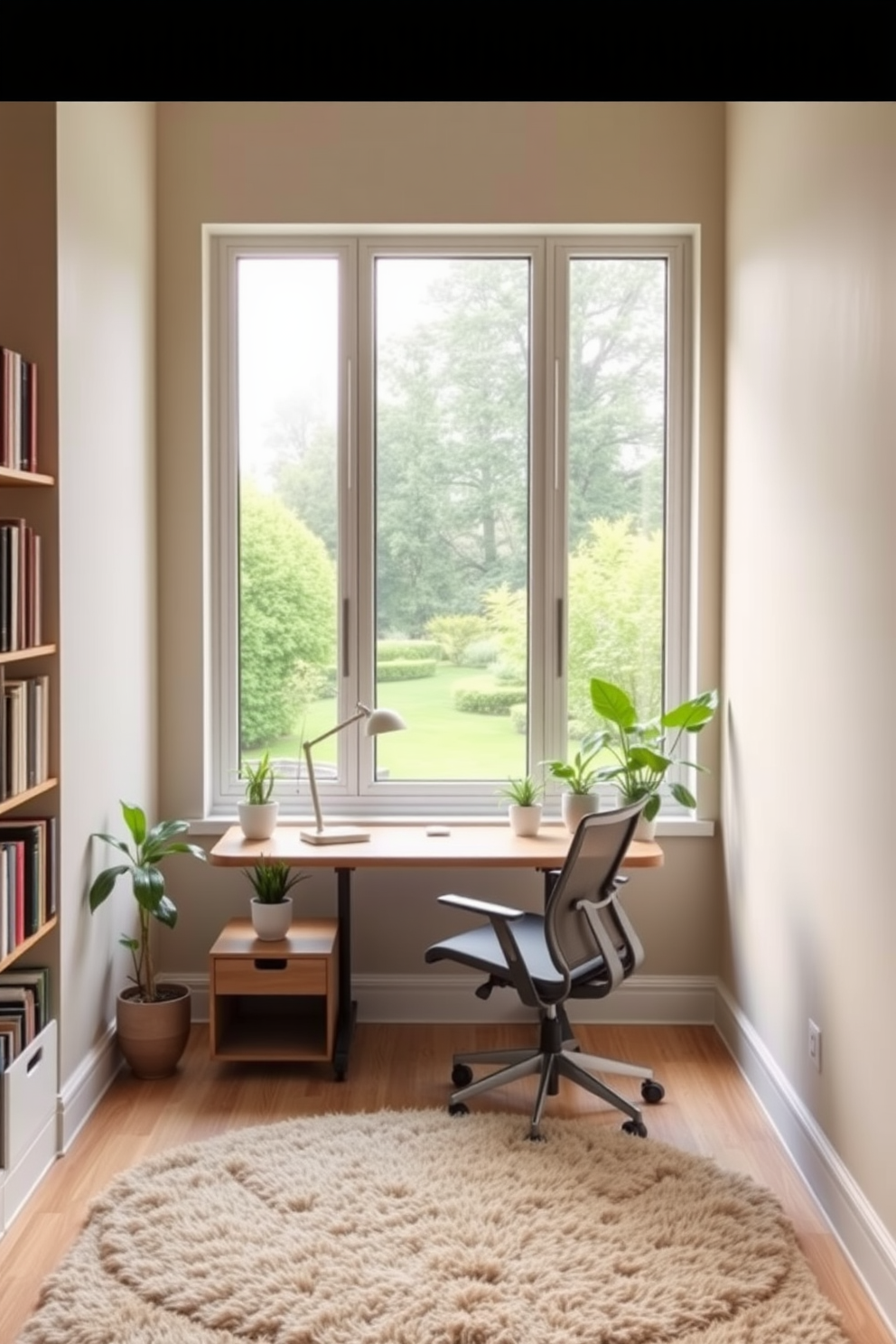 A cozy small study room filled with natural light from a large window that overlooks a serene garden. The walls are painted in a soft beige, and a sleek wooden desk is positioned near the window, accompanied by a comfortable ergonomic chair. On the desk, a stylish lamp provides additional lighting, and a few potted plants add a touch of greenery. A bookshelf filled with neatly arranged books lines one wall, while a plush area rug anchors the space, creating a warm and inviting atmosphere.