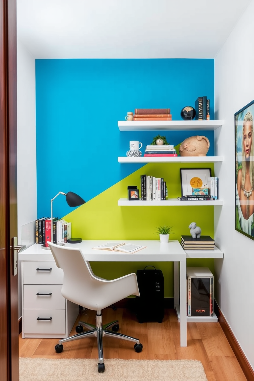 A small study room with a colorful accent wall that adds a vibrant touch to the space. The room features a sleek desk with a modern chair, complemented by shelves filled with books and decorative items.