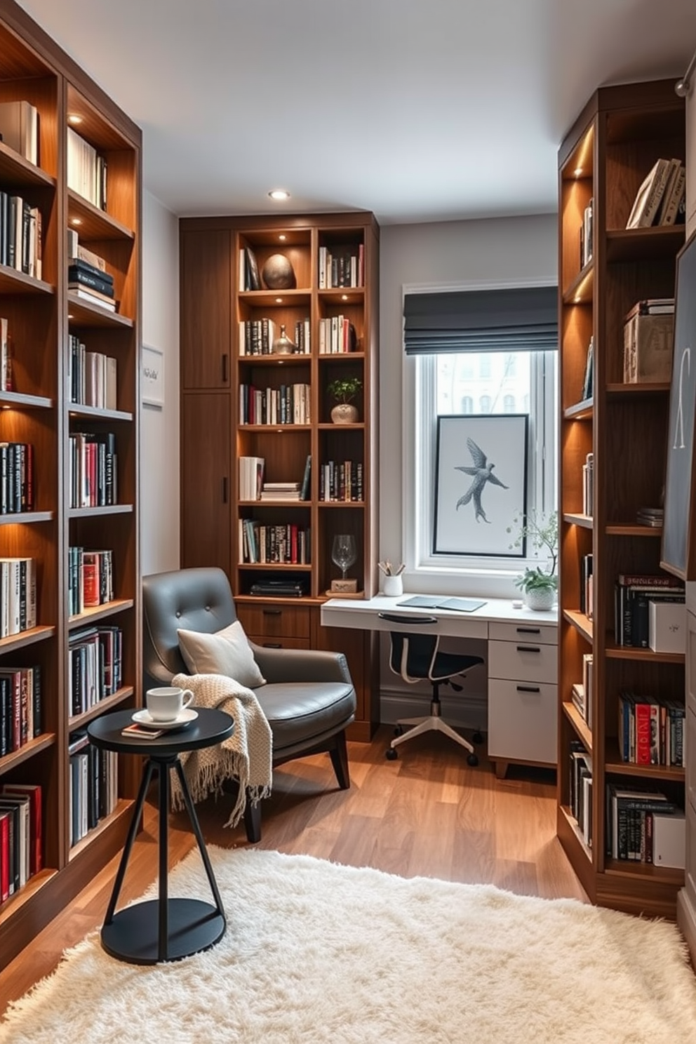 Cozy nook with built-in bookshelves. The nook features a comfortable armchair nestled between two tall, wooden bookshelves filled with a variety of books and decorative items. Soft, warm lighting illuminates the space, creating an inviting atmosphere perfect for reading. A small side table holds a steaming cup of tea and a cozy blanket draped over the armchair invites relaxation. Small study room design ideas. The study room includes a sleek desk positioned near a window, with a stylish ergonomic chair and inspirational artwork adorning the walls. A mix of open shelving and closed storage keeps the space organized, while a plush rug underfoot adds warmth and comfort to the room.