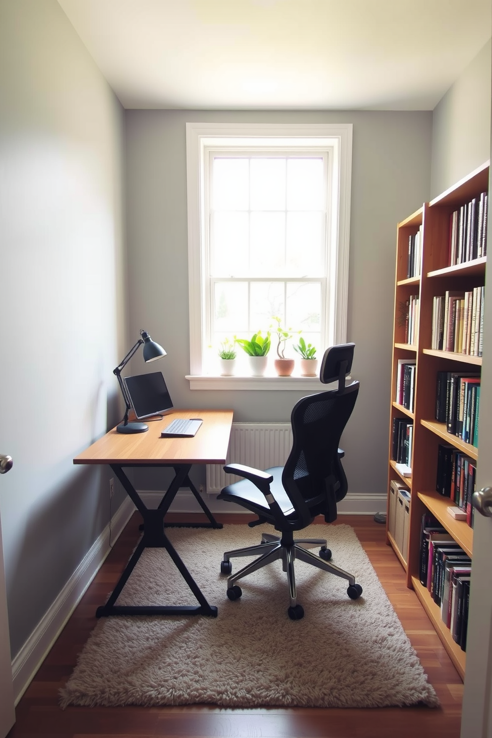 A cozy small study room with a wooden desk positioned against a wall. A comfortable ergonomic chair is placed at the desk, and a bookshelf filled with books is located nearby. The walls are painted in a soft gray color, creating a calm atmosphere. A large window allows natural light to flood the room, enhancing the inviting feel. A plush area rug in a neutral tone is placed under the desk to add warmth and texture. Decorative plants are positioned on the windowsill, bringing a touch of nature indoors.