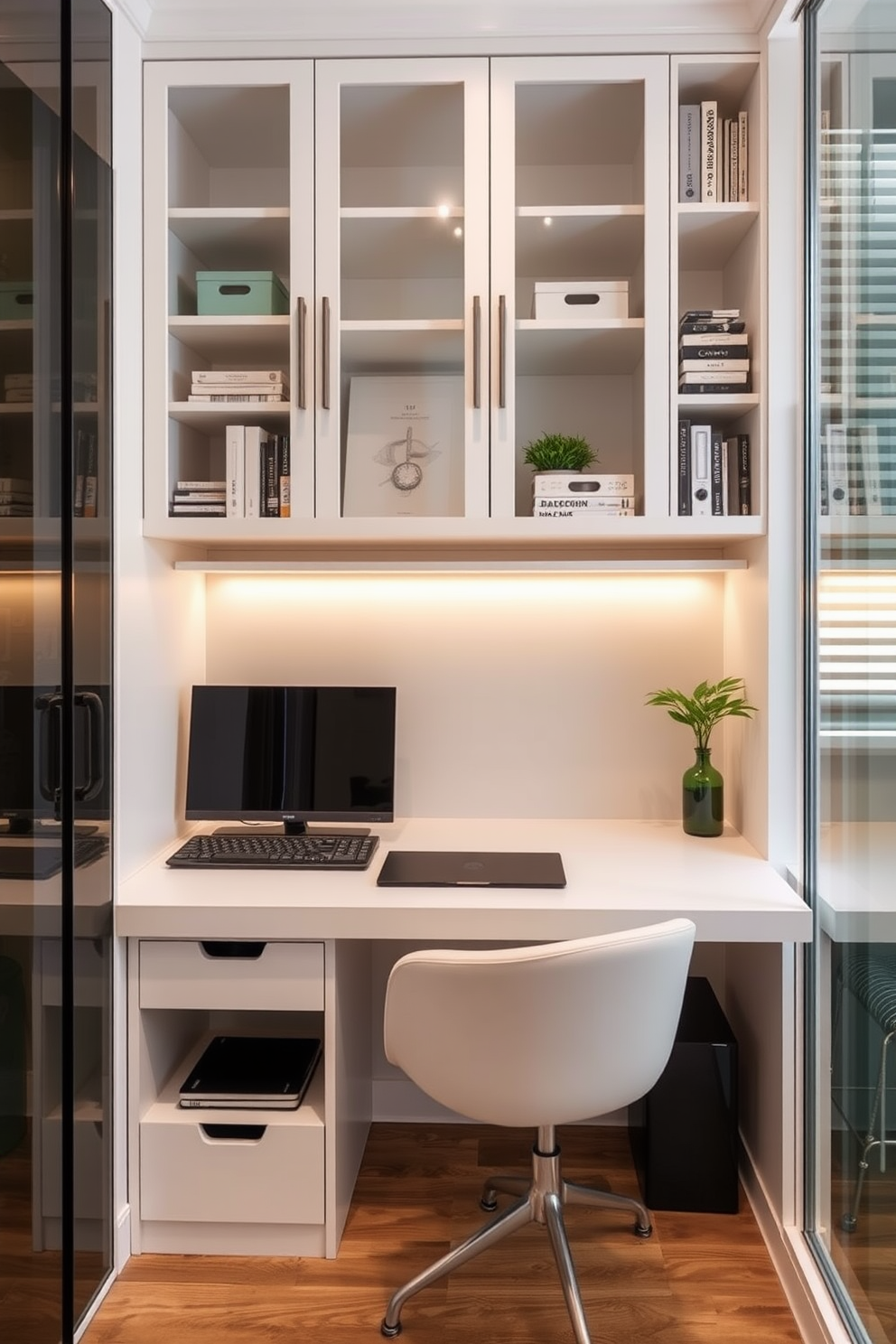 A cozy small study room featuring a wooden desk positioned against a light gray wall. The desk is adorned with a stylish desk lamp and a few neatly stacked books, while a bulletin board hangs above it, filled with colorful notes and reminders. A comfortable chair is placed beside the desk, upholstered in a soft fabric that complements the room's color scheme. Natural light floods in through a window adorned with sheer curtains, creating an inviting atmosphere perfect for productivity.