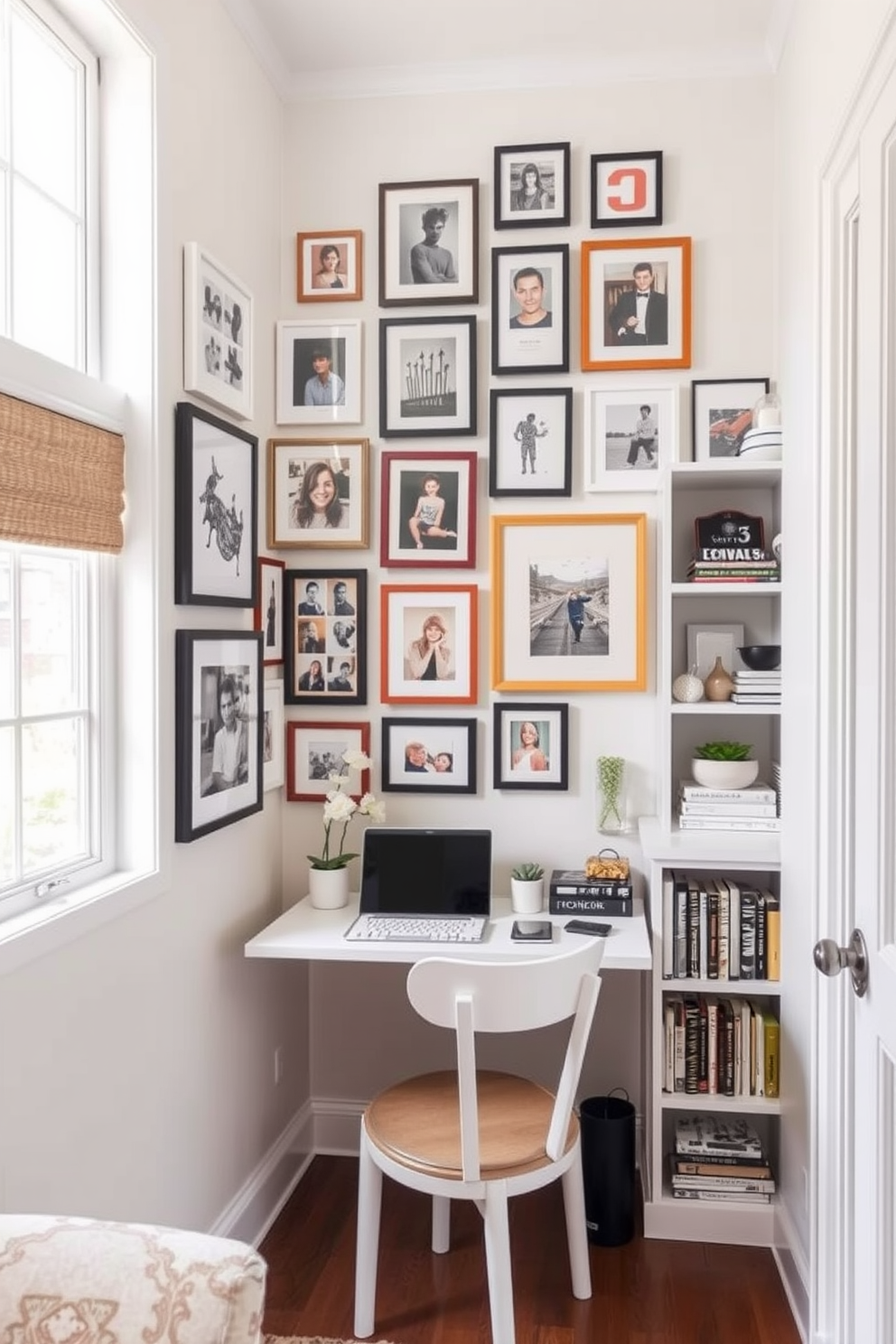 A small study room featuring a compact computer setup. The desk is sleek and minimalist, with a modern ergonomic chair positioned in front of it. On the wall above the desk, there are floating shelves displaying books and decorative items. The color palette is a calming light gray, complemented by a cozy area rug underneath the desk.