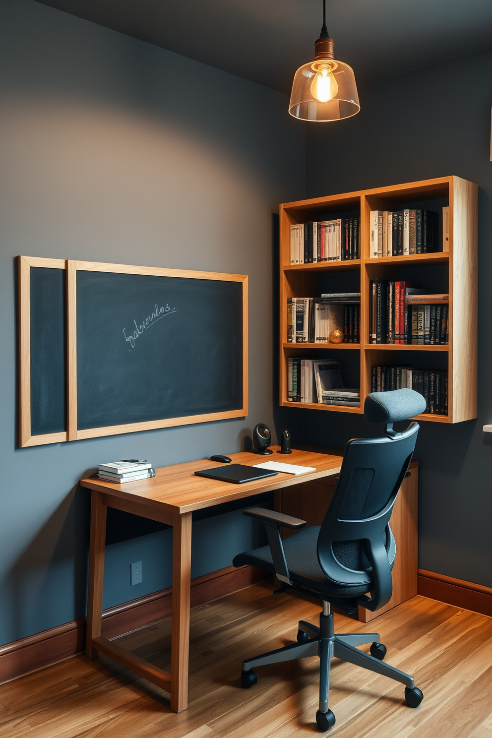 A cozy small study room featuring a sleek wooden desk positioned against a wall with a chalkboard for notes. The room is adorned with a comfortable ergonomic chair, a bookshelf filled with neatly organized books, and a warm light fixture hanging from the ceiling.