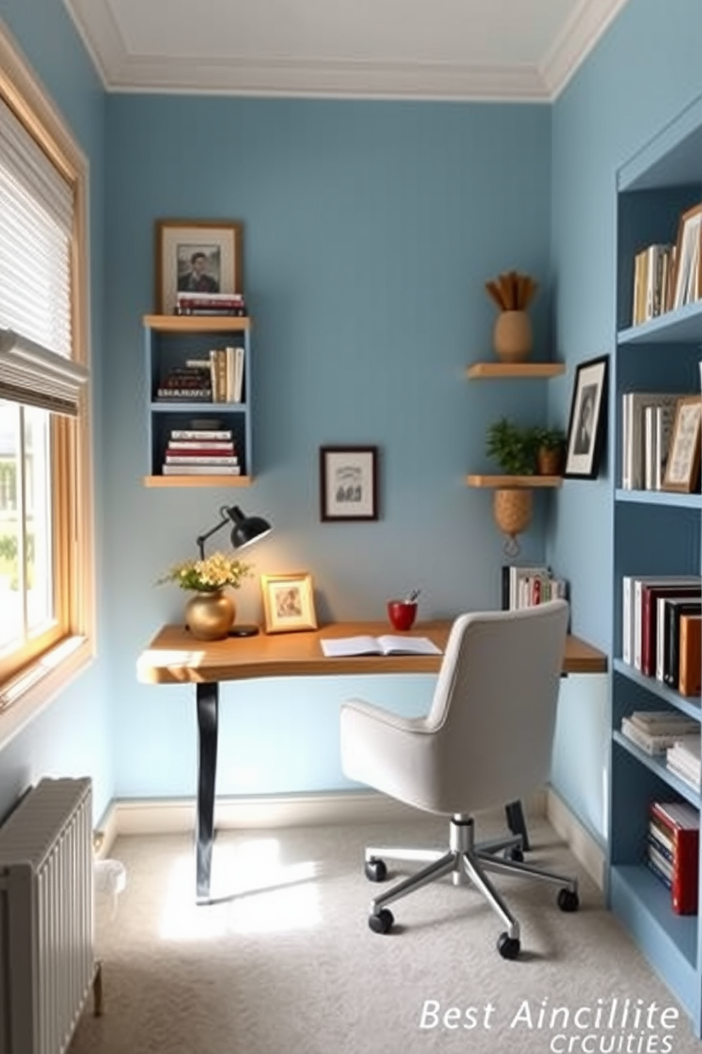 A cozy small study room features a decorative room divider that separates the workspace from the rest of the room. The divider is adorned with intricate patterns and adds a touch of elegance while providing privacy. The desk is positioned against a wall, with a sleek chair that complements the overall design. Soft lighting from a stylish lamp creates a warm ambiance, making it an inviting space for productivity.