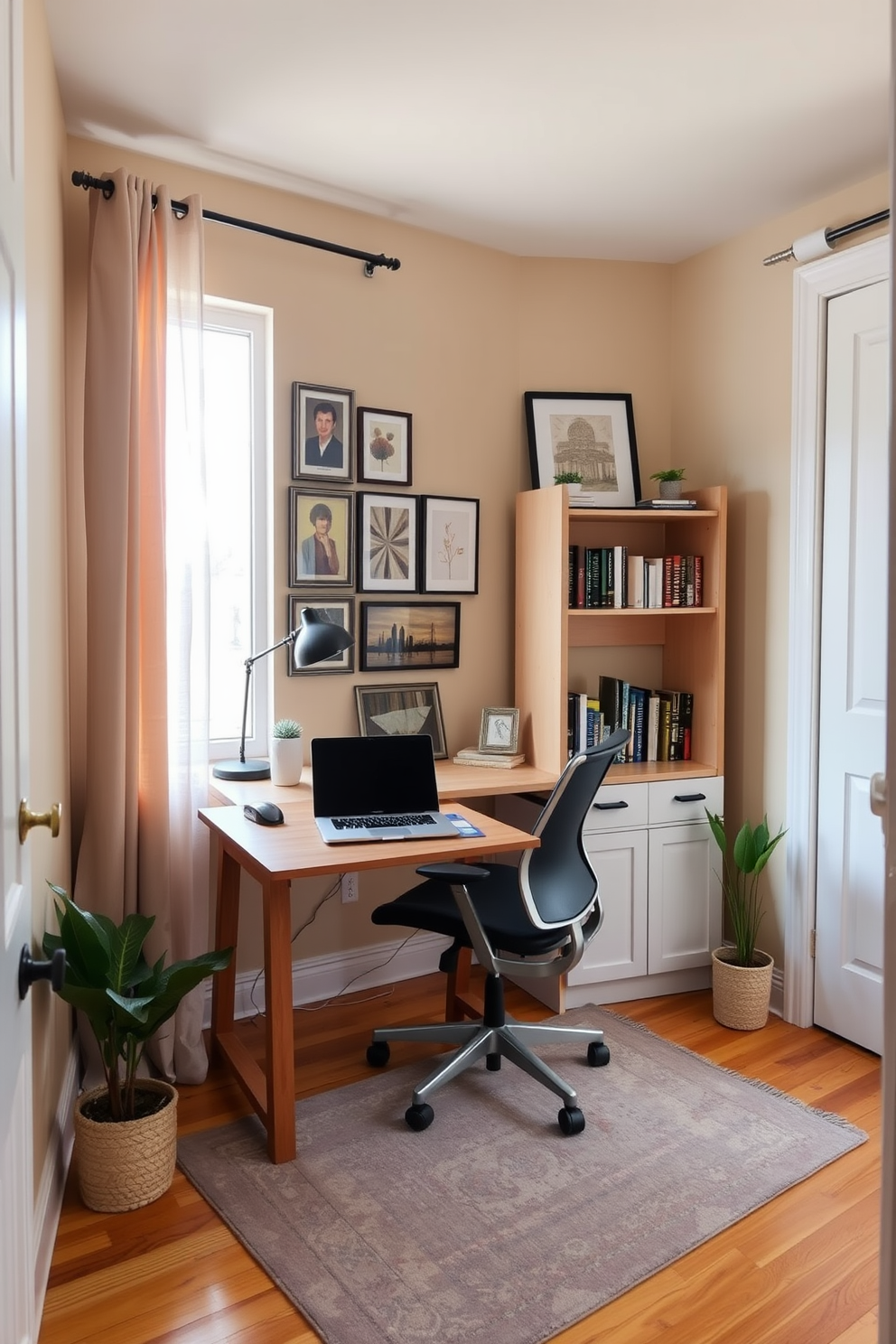 A cozy small study room featuring a compact wooden desk with a sleek laptop and a comfortable ergonomic chair. The walls are painted in a soft beige, complemented by a gallery of framed artwork above the desk and a small bookshelf filled with books to the side. Natural light floods the space through a large window adorned with light, airy curtains. A plush area rug in muted tones adds warmth to the hardwood floor, while a potted plant in the corner brings a touch of greenery to the design.