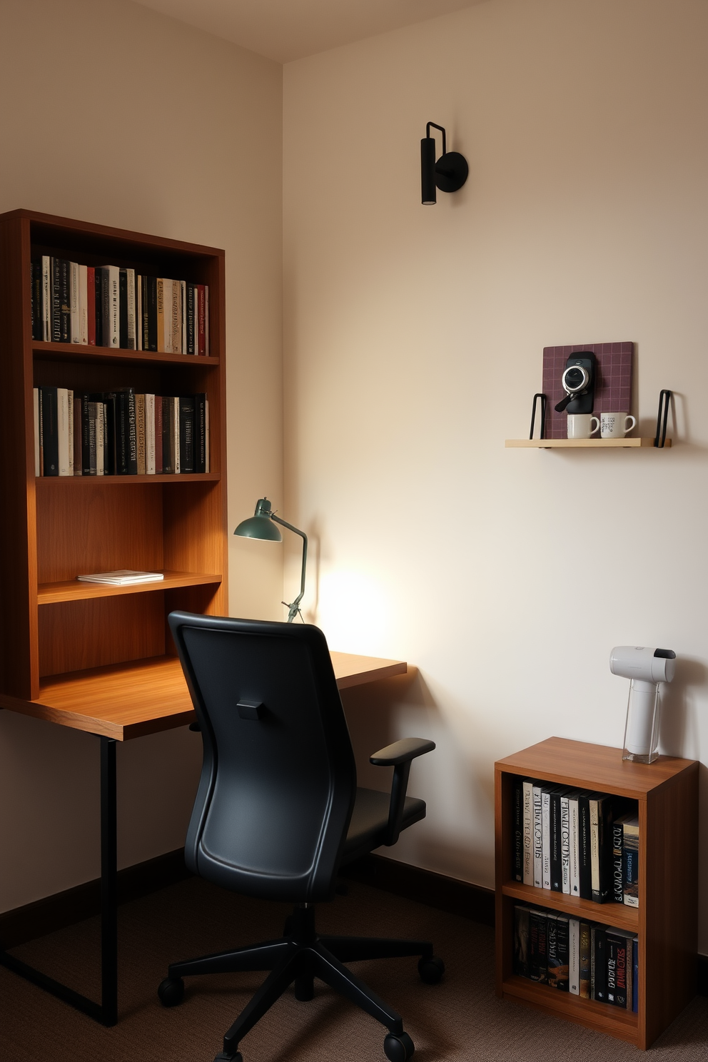 A cozy small study room featuring a sleek wooden desk positioned against a wall. A comfortable ergonomic chair complements the desk, and a compact bookshelf filled with books is placed nearby. In one corner, a small coffee station includes a stylish coffee maker and a set of mugs on a minimalist shelf. Soft lighting from a desk lamp and wall sconces creates a warm and inviting atmosphere.