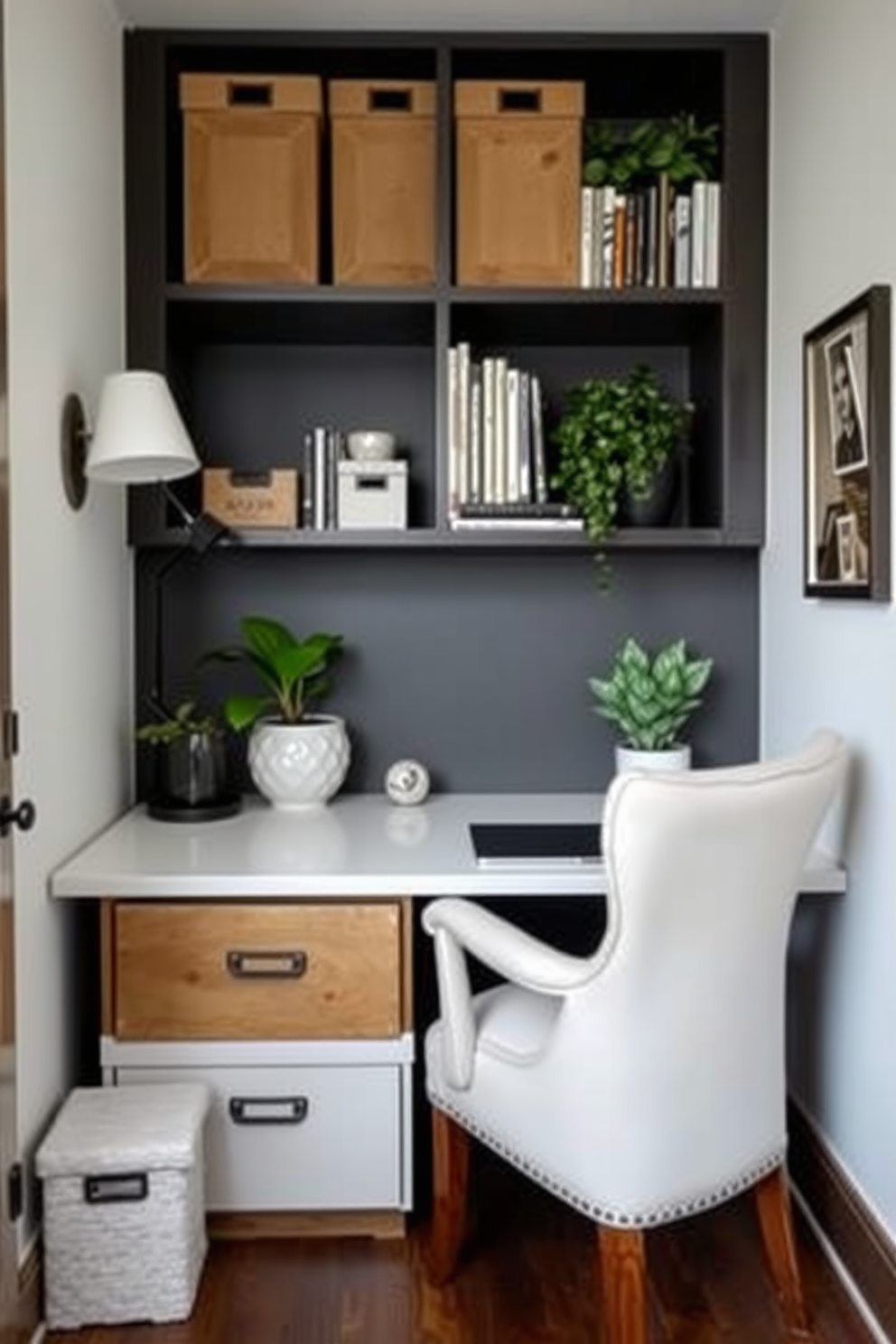 A cozy small study room featuring decorative boxes that blend seamlessly with the decor for hidden storage. The room is adorned with a sleek desk positioned against a wall, complemented by a comfortable chair and a bookshelf filled with books and plants.