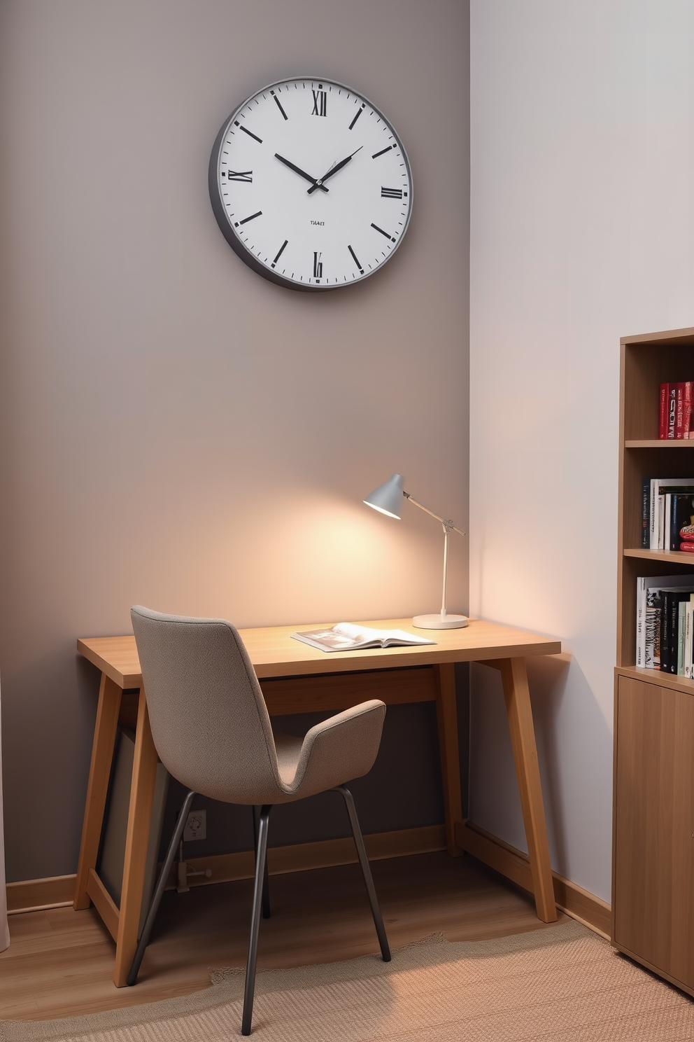 A cozy small study room features a sleek desk made of light wood positioned against a soft gray wall. Above the desk, a stylish wall clock with a minimalist design adds a touch of elegance while helping with time management. The room is illuminated by a modern desk lamp that provides ample light for reading and working. A comfortable chair with a neutral fabric sits at the desk, and a small bookshelf filled with books adds personality to the space.