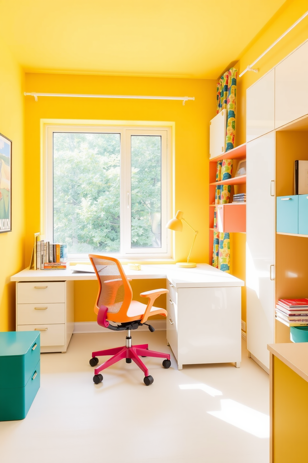 A small study room filled with bright colors that create a cheerful atmosphere. The walls are painted in a vibrant yellow, and the furniture includes a sleek white desk paired with a colorful ergonomic chair. On the desk, there are neatly arranged books and a stylish desk lamp that adds a pop of color. A large window allows natural light to flood the room, complemented by colorful curtains that enhance the lively ambiance.