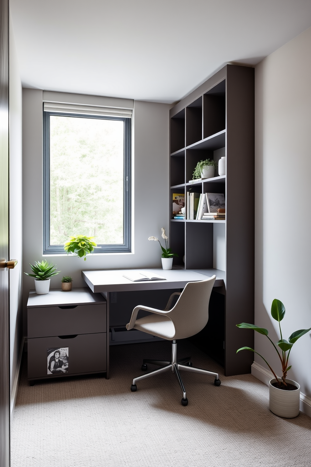 A cozy small study room featuring a compact wooden desk positioned against a light gray wall. Above the desk, a floating shelf holds a few decorative books and a small potted plant, adding a touch of greenery. In one corner of the room, a stylish coffee station is set up on a sleek cart with a coffee maker and a selection of mugs. The space is illuminated by a warm desk lamp, creating an inviting atmosphere for work and relaxation.