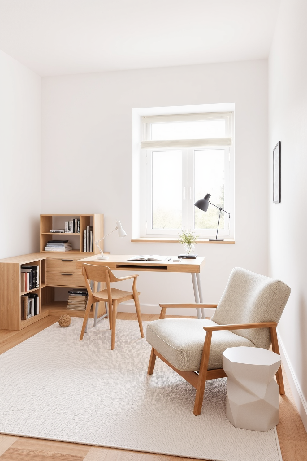 A sleek Scandinavian study room features light wood furniture and a minimalist desk positioned near a window that allows natural light to fill the space. The walls are painted in a soft white, and a cozy armchair with a simple design sits in the corner, complemented by a small bookshelf filled with neatly arranged books.