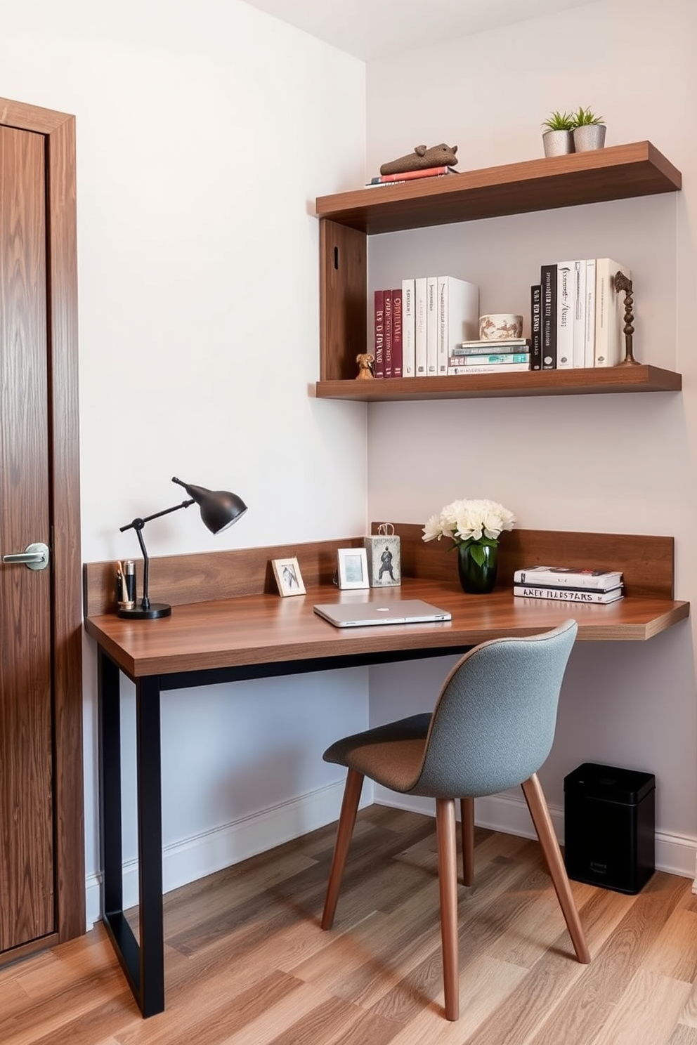 A small study room features a wall-mounted desk that maximizes floor space while providing a sleek and modern workspace. The desk is complemented by floating shelves above, holding books and decorative items, creating an organized and stylish environment.