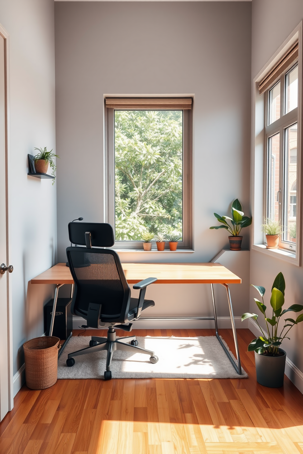 A cozy small study room featuring a sleek wooden desk positioned against a light gray wall. A comfortable ergonomic chair is placed at the desk, and a large window allows natural light to flood the space. Potted plants are strategically placed on the windowsill and in the corners, adding a fresh and vibrant touch. The flooring is a warm hardwood, complemented by a soft area rug beneath the desk for added comfort.