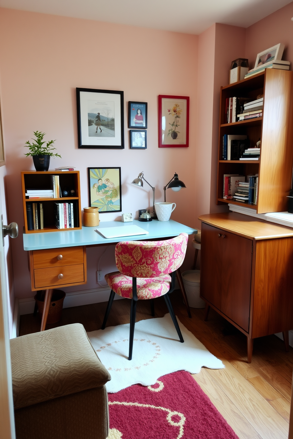 A cozy small study room featuring vintage decor and retro furniture pieces. The room includes a mid-century modern desk paired with a colorful upholstered chair and a vintage bookshelf filled with books and decorative items. The walls are painted in a soft pastel color, creating a warm and inviting atmosphere. A patterned rug lies under the desk, and a small potted plant sits on the windowsill, adding a touch of greenery to the space.